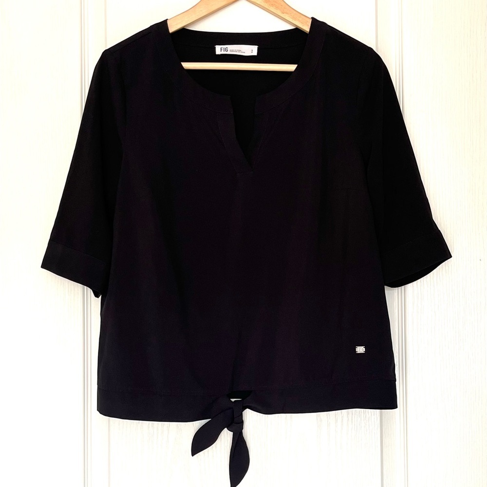 FIG Clothing Black Tie-Front Blouse Size S Relaxed Fit Eco-conscious Sustainable